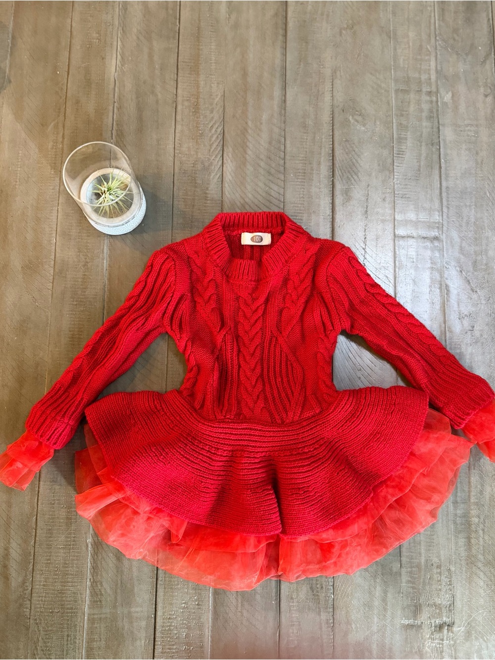 Red Holidays Sweater Cable Knit Tutu Dress with Tulle Trim